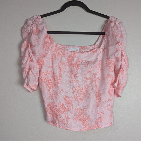 M NWT Cynthia Rowley Linen Pink Bird Print Boho Top - Picture 1 of 6